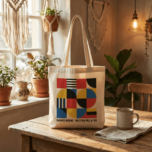 Borsa di cotone grande con manici lunghi