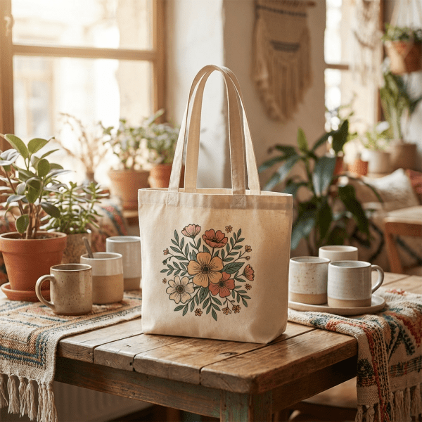 Borsa di cotone grande con manici lunghi